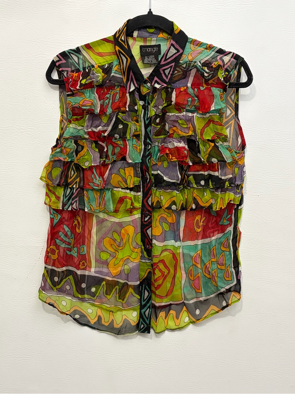 Vintage Triangle Geometric Colorful Sheer Ruffle Sleeveless Blouse